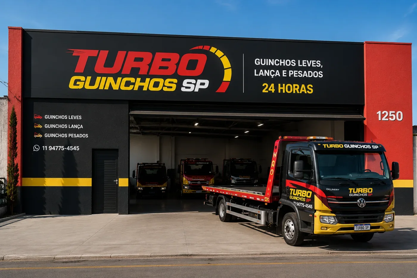 Fachada da base da Turbo Guinchos SP: galpão com a frota de plataformas estacionada dentro e placa indicando guinchos leves, lança e pesados, 24 horas